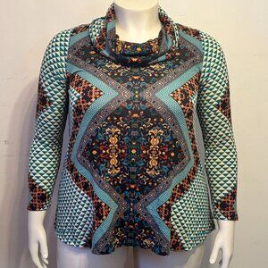 Living Doll LA Womens Plus 1X Geometric Knit Blouse Cowl Neck Long Sleeve NWT
